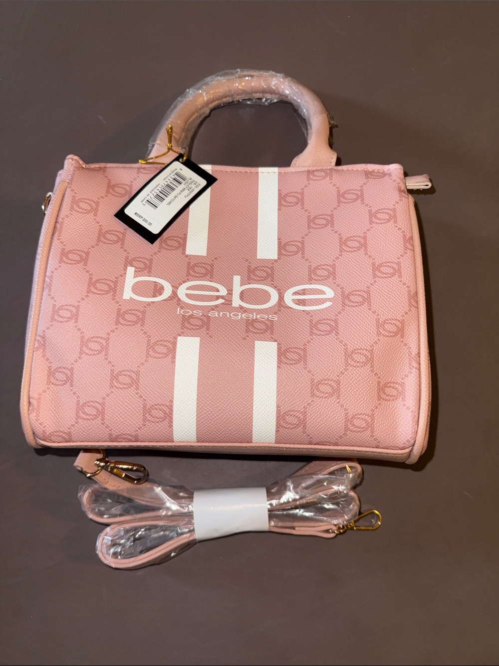 bebe Pink Logo Top-Handle Satchel with White Stripes